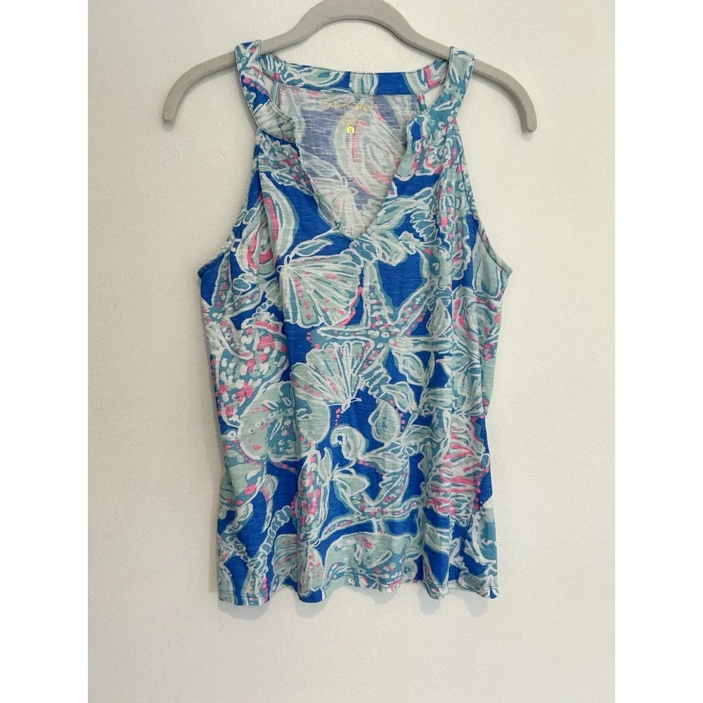 Lilly‎ Pulitzer Arya Tank Into the Deep Women's S Halter Lightweight Blue Pink - Picture 2 of 5